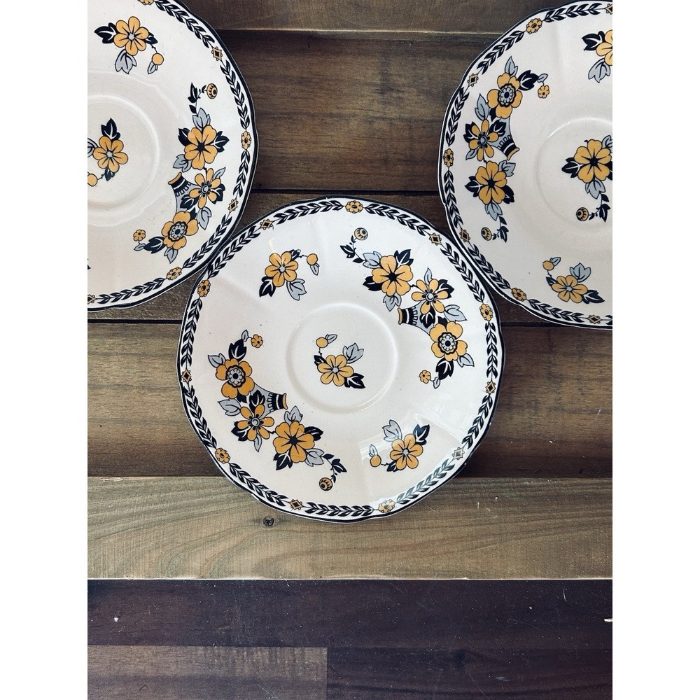 Set of 3 Vintage Allertons England Yellow and Black Floral Saucer Set